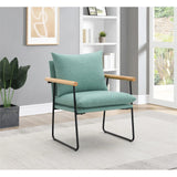 Dutton Armchair with Sage Green Fabric, Natural Wood Arms and Black Sled Base
