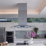 FIREGAS 36-Inch Island Range Hood with 450 CFM Ventilation, Chimney, Tempered Glass, 4 LED Lights, 3-Speed Touch Control, Permanent and Charcoal Filters