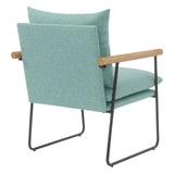 Dutton Armchair with Sage Green Fabric, Natural Wood Arms and Black Sled Base