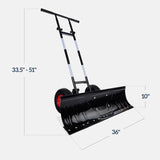 36in Galvanized Heavy-Duty Snow Pusher with 2 Wheels, Adjustable Handle & Blade Angle for Snow Removal, Black