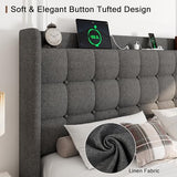 Dark Gray Queen Upholstered Platform Bed with Modern Wingback Storage Headboard, Charging Station and Solid Wood Slats, No Box Spring Required