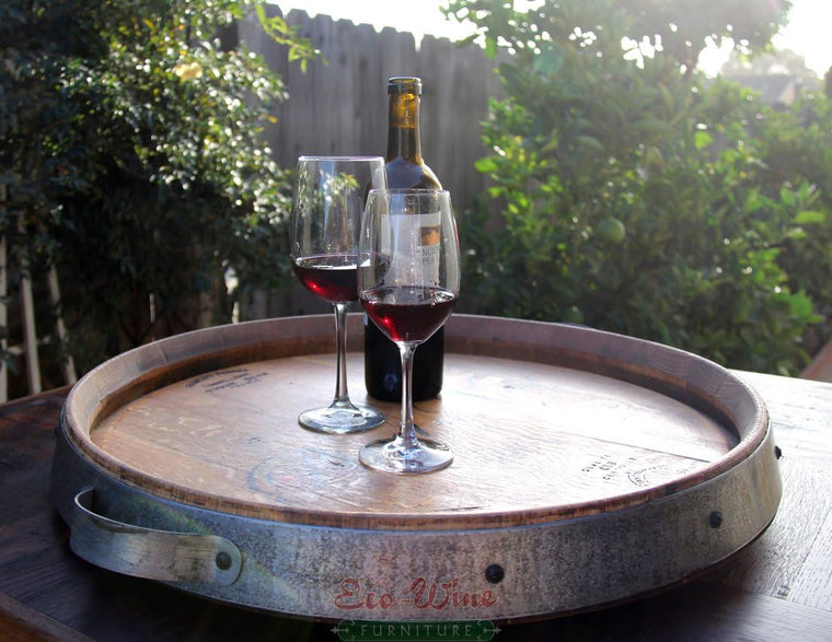 Rustic Reclaimed Wine Barrel Lazy Susan with Oak Tray, Steel Rim, and Handles