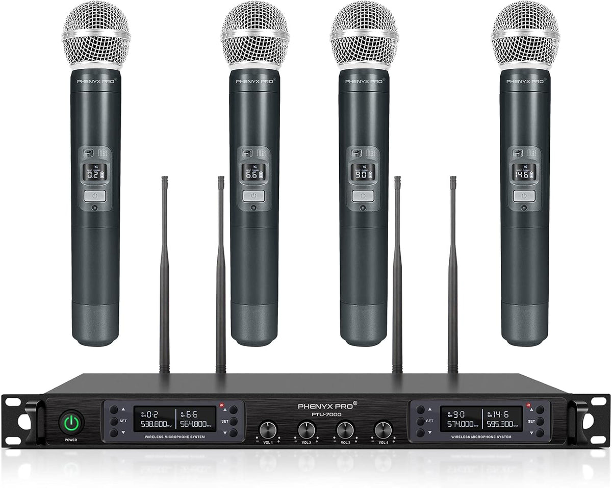 Phenyx Pro PTU-7000A Quad-Channel Wireless Microphone System with Metal Handheld Mics, 4×40 Channels, Auto Scan and 328ft Range