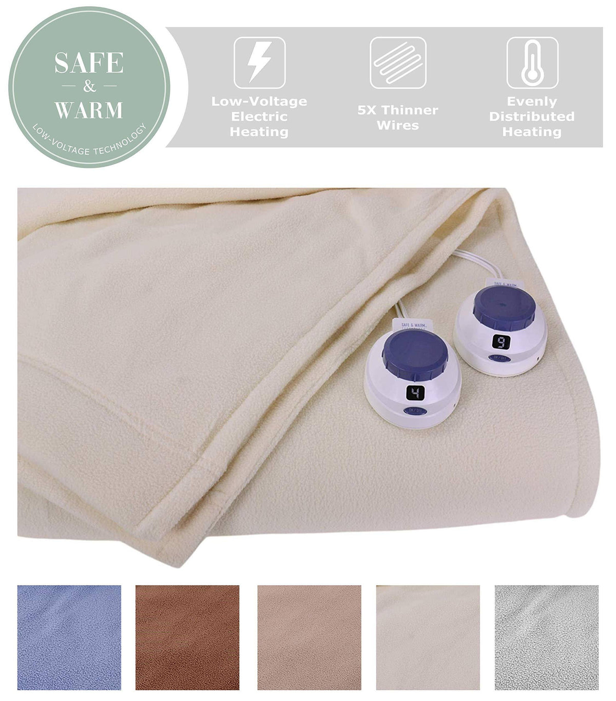 SoftHeat by Perfect Fit King Electric Heated Blanket with Low-Voltage Micro-Fleece Construction, Natural