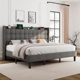 Dark Gray Queen Upholstered Platform Bed with Modern Wingback Storage Headboard, Charging Station and Solid Wood Slats, No Box Spring Required
