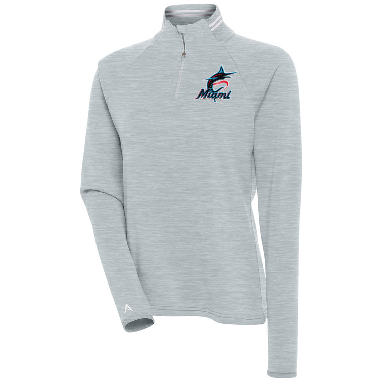 Womens Antigua Milo Raglan Quarter-Zip Pullover Top in Heather Gray, Miami Marlins