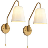PASSICA DECOR Set of 2 Hardwired Wall Sconces with Pull Chains, Matte Black Swing-Arm Fixtures and White Fabric Shades for Bedroom, Farmhouse or Living Room
