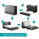 BALUS Queen Murphy Bed Cabinet in Grey-Blue with Tri-Fold Mattress, USB Charging Station, Folding Nightstand Trays, and Storage Drawers