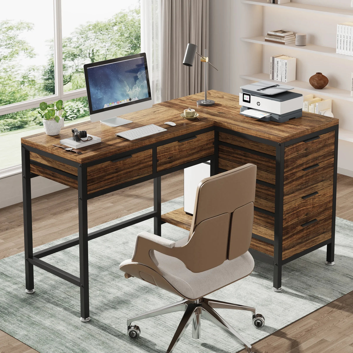 Space-Saving L-Shaped Computer Workstation by Tribesigns, Featuring 6 Drawers, 47-Inch Corner Desk, CPU Stand and Home Office Writing Space