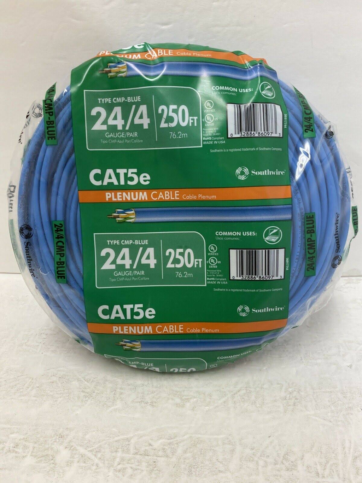 Southwire 250 ft. Blue Cat5e Data Cable, 24/4 Solid Copper with CMP Plenum-Rated Jacket