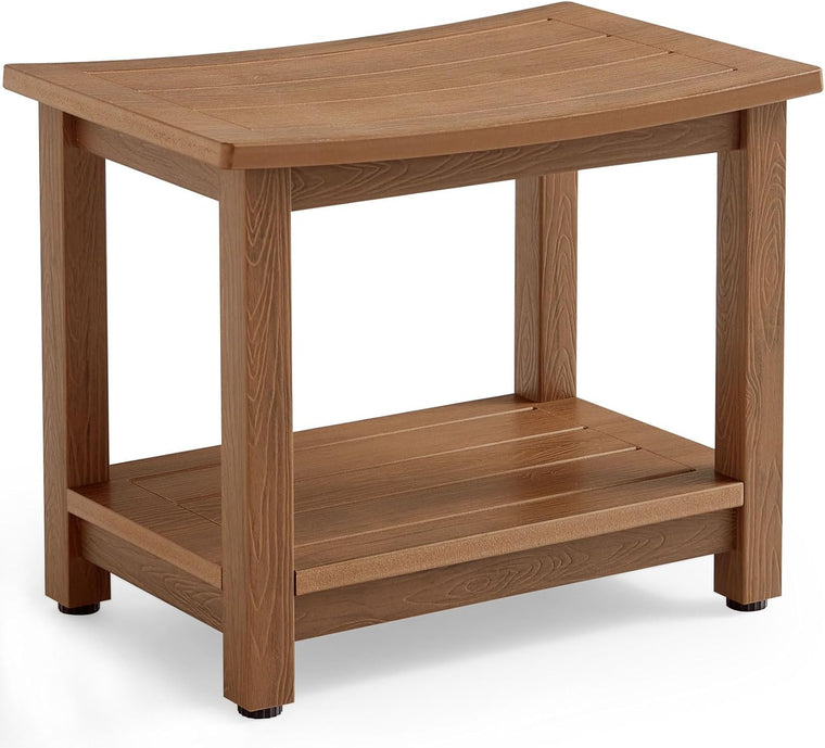 HDPS Waterproof Shower Bench with Adjustable Feet, Non-Slip Poly Lumber Bathroom Seat & Footrest for Shaving Legs, Brown