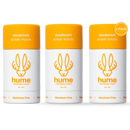 Hume Supernatural 3-Pack Deodorant for Women and Men, Amber Woods, Aluminum-Free Probiotic Formula with Aloe and Cactus Flower, Baking Soda-Free Protection for Sensitive Skin