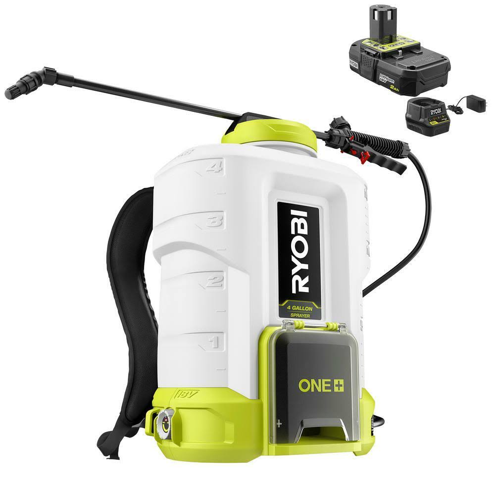 Ryobi ONE+ P2860 18V Cordless Backpack Chemical Sprayer, 4-Gallon Tank with 2.0 Ah Battery and Charger