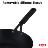 OXO Obsidian 12-Inch Carbon Steel Wok Pan, Pre-Seasoned with Removable Silicone Handle Holder, Induction and Oven Safe, Black