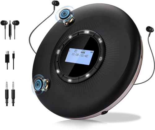 Portable Bluetooth CD Player with Dual Speakers, Rechargeable Battery, LCD Display, Anti-Skip Protection, Headphone and AUX Cable for Car or Home
