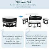 Linique Modern Round Lift-Top Coffee Table with Concealed Storage and 3 Ottomans, White + Black