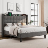 Dark Gray Queen Upholstered Platform Bed with Modern Wingback Storage Headboard, Charging Station and Solid Wood Slats, No Box Spring Required