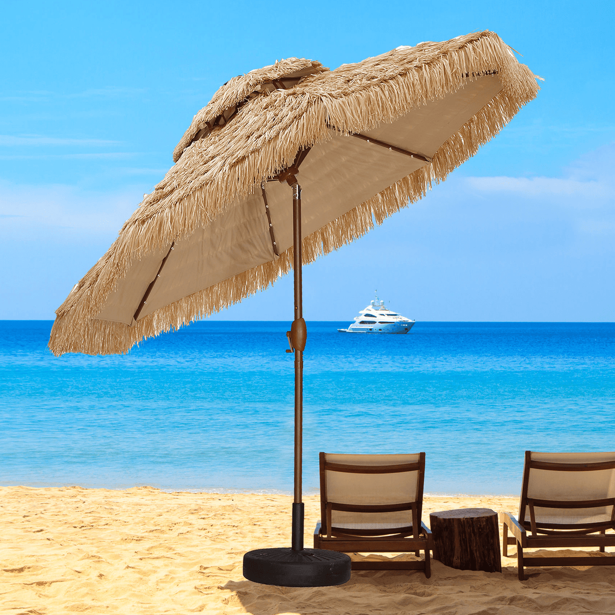Autlaycil 9-Foot Thatched Tiki Umbrella with Double-Tier Solar LED Lights for Outdoor Pool, Patio and Beach Use