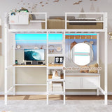 DICTAC Twin Metal Loft Bed with L-Shaped Desk, Storage Shelves, Charging Station and LED Lights, Featuring Coat Rack, Drawers, Staircase and Safety Guardrail, Black