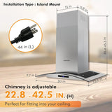 FIREGAS 36-Inch Island Range Hood with 450 CFM Ventilation, Chimney, Tempered Glass, 4 LED Lights, 3-Speed Touch Control, Permanent and Charcoal Filters