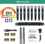 Phenyx Pro PTU-4000A 8-Channel UHF Wireless Microphone System with Eight Handheld Mics, 260ft Range, Fixed Frequency, and All-Metal Construction