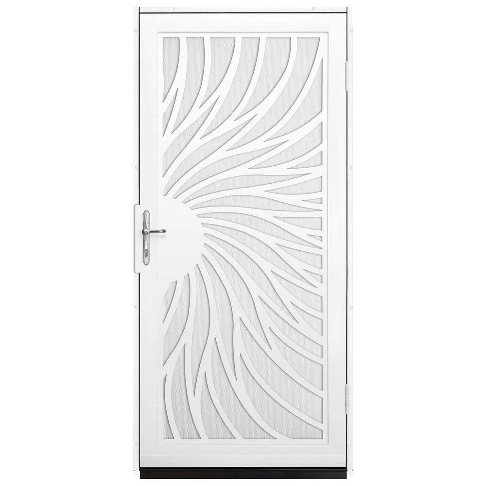 Unique Home Designs Solstice Security Door, 36 in. x 80 in. White Surface-Mount Steel Frame with Perforated Screen and Brass Hardware