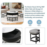 Linique Modern Round Lift-Top Coffee Table with Concealed Storage and 3 Ottomans, White + Black