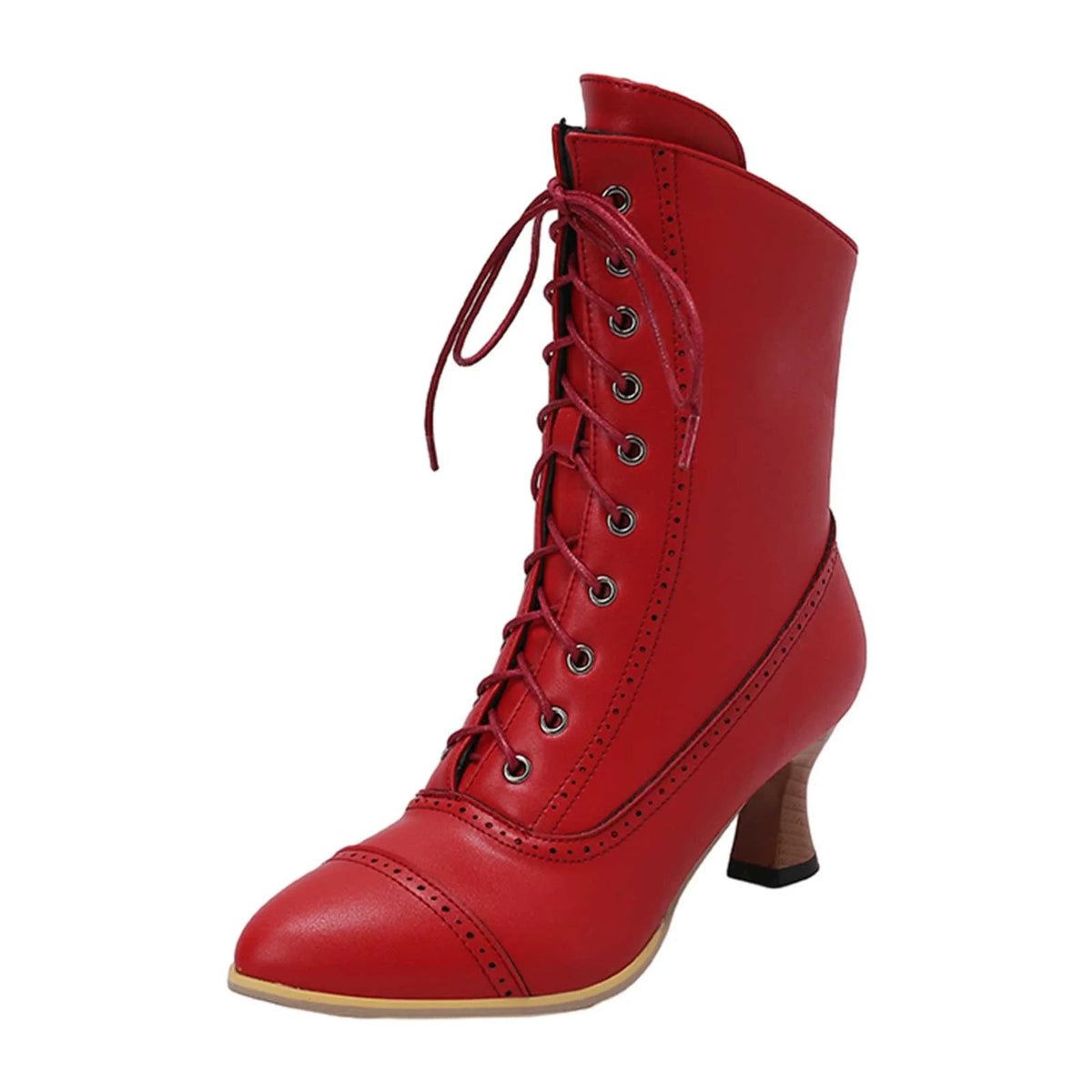 Womens Red Short Boots with Lace-Up Design, Solid Round-Toe Construction, Size 38