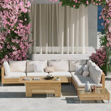 Grand patio 7-Piece Boho Wicker Conversation Set in Cream, Featuring a Sectional Sofa, Water-Resistant Thick Cushions, and Coffee Table