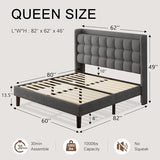 Dark Gray Queen Upholstered Platform Bed with Modern Wingback Storage Headboard, Charging Station and Solid Wood Slats, No Box Spring Required