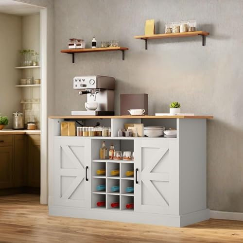 YITAHOME 47-Inch Farmhouse Buffet Cabinet with Power Outlet and Floating Shelves, Multi-Functional Kitchen and Living Room Storage Sideboard, Rustic Brown
