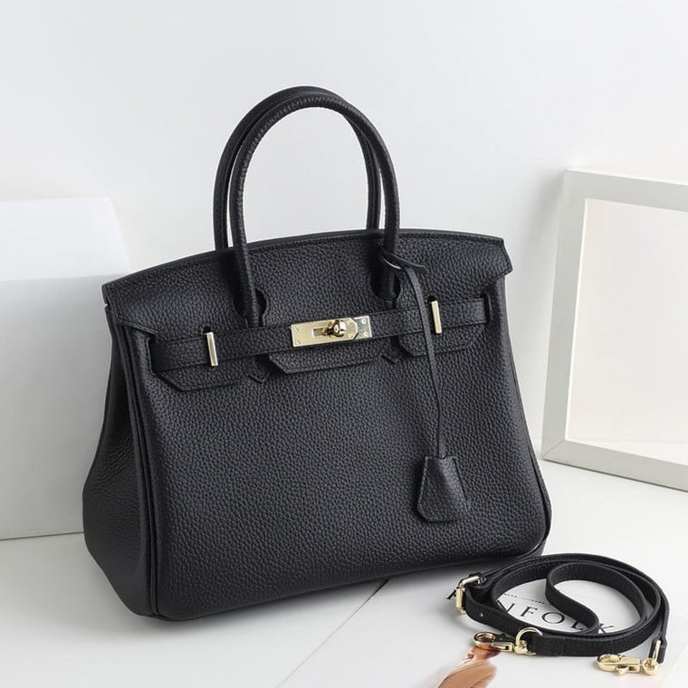 KAMUGO Womens Black Leather Shoulder Bag with Lychee Pattern, First-Layer Cowhide, Top-Handle Satchel