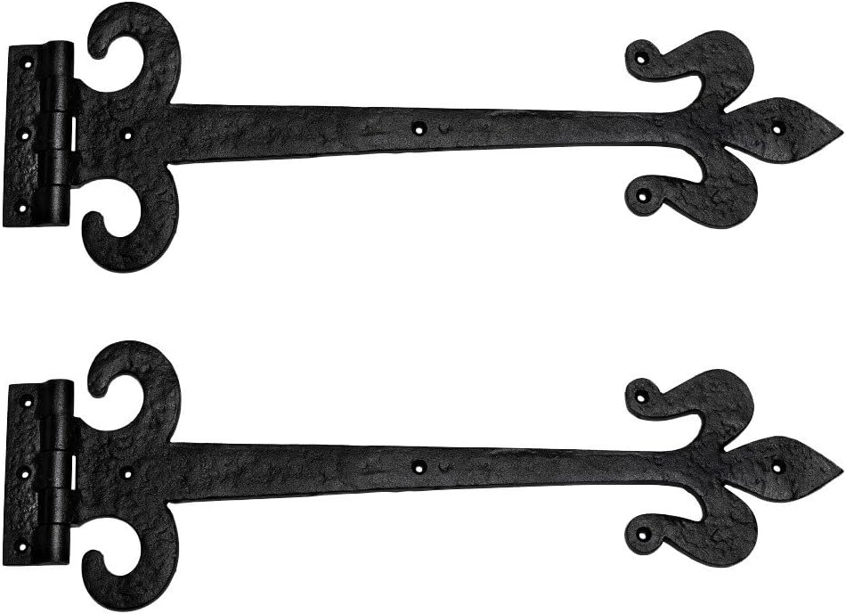 Black Wrought Iron Fleur De Lis Door Strap Hinge Set with Hardware, 18-Inch Antique Style, Rust Resistant Flush Mount, Pack of 2