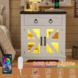 White Farmhouse End Table and Nightstand with Charging Station and LED Lights for Living Room or Bedroom