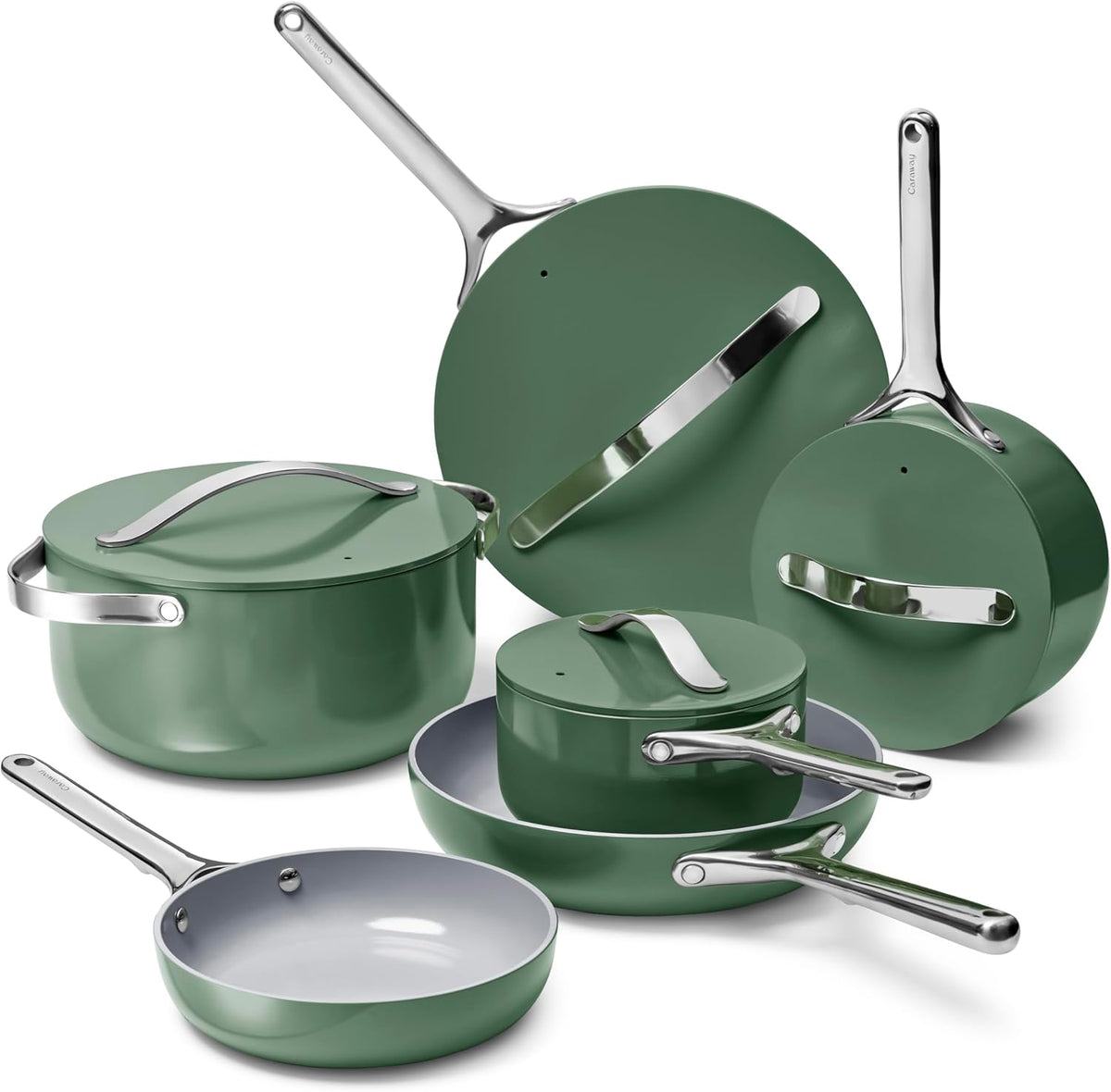 Caraway Deluxe 16-Piece Sage Ceramic Nonstick Cookware Set with Pots, Frying Pans, Lids, and Kitchen Storage, PFAS and PFOA Free, Oven Safe and Compatible with All Stovetops