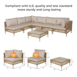 Grand patio 7-Piece Boho Wicker Conversation Set in Cream, Featuring a Sectional Sofa, Water-Resistant Thick Cushions, and Coffee Table
