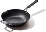 OXO Obsidian 12-Inch Carbon Steel Wok Pan, Pre-Seasoned with Removable Silicone Handle Holder, Induction and Oven Safe, Black
