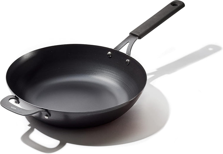 OXO Obsidian 12-Inch Carbon Steel Wok Pan, Pre-Seasoned with Removable Silicone Handle Holder, Induction and Oven Safe, Black