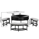 Linique Modern Round Lift-Top Coffee Table with Concealed Storage and 3 Ottomans, White + Black