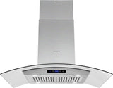 FIREGAS 36-Inch Island Range Hood with 450 CFM Ventilation, Chimney, Tempered Glass, 4 LED Lights, 3-Speed Touch Control, Permanent and Charcoal Filters