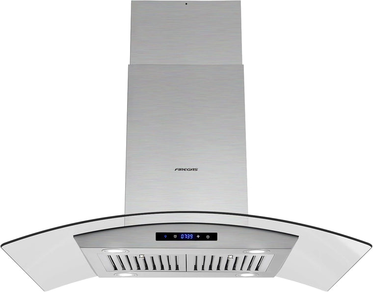 FIREGAS 36-Inch Island Range Hood with 450 CFM Ventilation, Chimney, Tempered Glass, 4 LED Lights, 3-Speed Touch Control, Permanent and Charcoal Filters