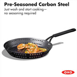 OXO Obsidian 12-Inch Carbon Steel Wok Pan, Pre-Seasoned with Removable Silicone Handle Holder, Induction and Oven Safe, Black