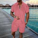 Mens Medium Two-Piece Casual Striped Print Suit with Zipper Short-Sleeve Top and Drawstring Shorts with Pockets