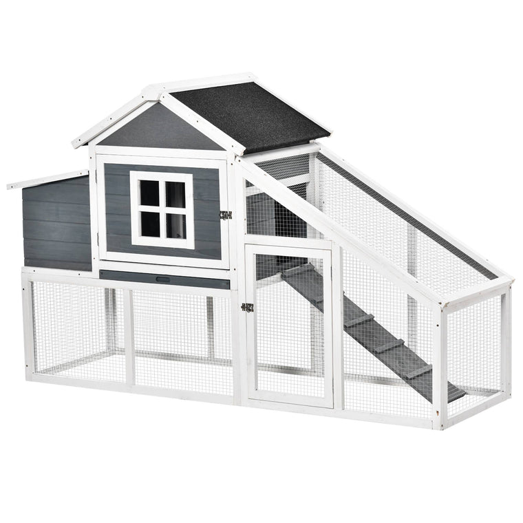 PawHut White Wooden Chicken Coop with Nesting Box and Run, 69×22 Inches