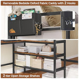 DICTAC Twin Metal Loft Bed with L-Shaped Desk, Storage Shelves, Charging Station and LED Lights, Featuring Coat Rack, Drawers, Staircase and Safety Guardrail, Black