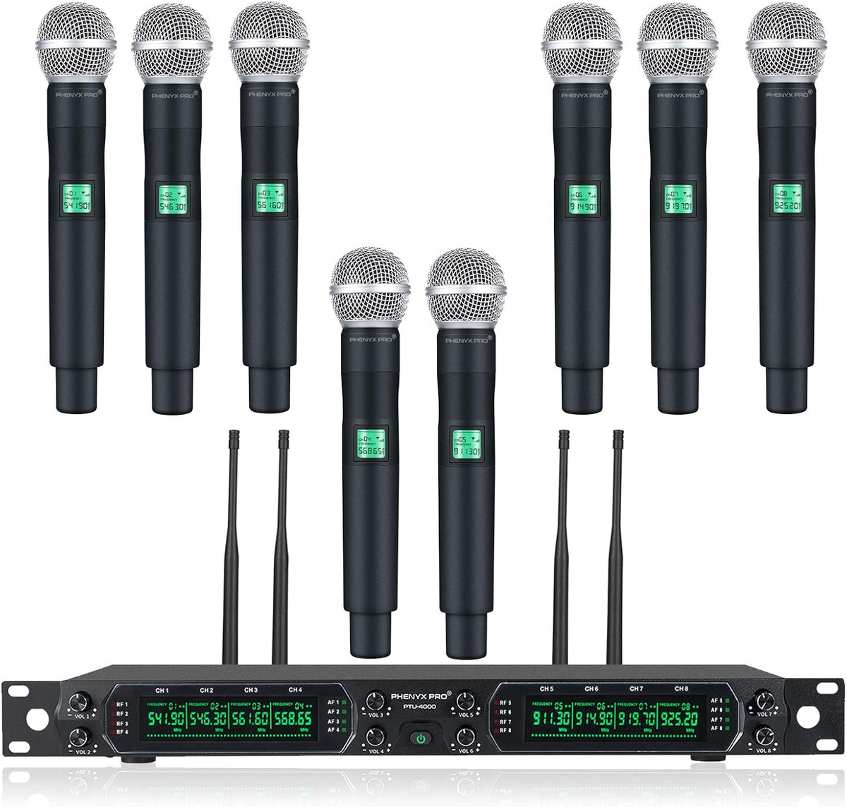 Phenyx Pro PTU-4000A 8-Channel UHF Wireless Microphone System with Eight Handheld Mics, 260ft Range, Fixed Frequency, and All-Metal Construction