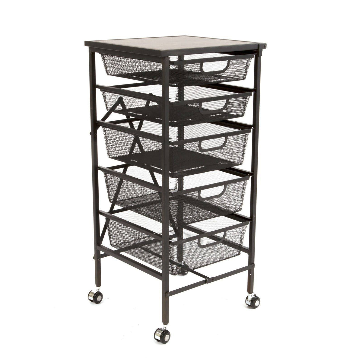Origami Black Kitchen Storage Cart with Folding Steel Frame, Wheeled 5-Drawer Mesh Design and Wood Top