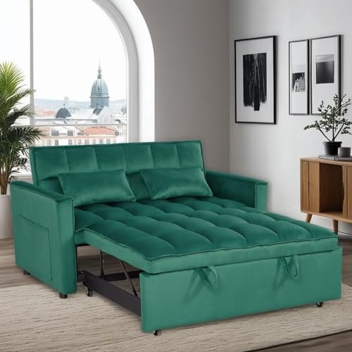 Convertible 3-in-1 Sleeper Sofa Bed with Pullout Bed and Side Pocket, Black Futon Loveseat for Living Room, Bedroom or Small Spaces