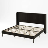 Allewie Queen Velvet Platform Bed with Vertical Channel-Tufted Wingback Headboard, Strong Wooden Slats, No Box Spring Required, Easy Assembly, Black
