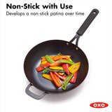 OXO Obsidian 12-Inch Carbon Steel Wok Pan, Pre-Seasoned with Removable Silicone Handle Holder, Induction and Oven Safe, Black